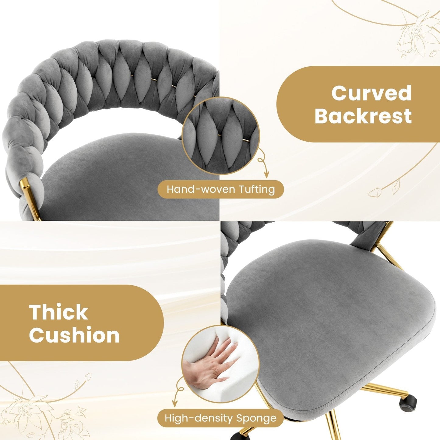 360° Swivel Home Office Desk Chair Set of 2 with Hand-woven Back-Grey