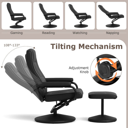 360° Swivel Reclining Chair with Ottoman and Adjustable Backrest-Black