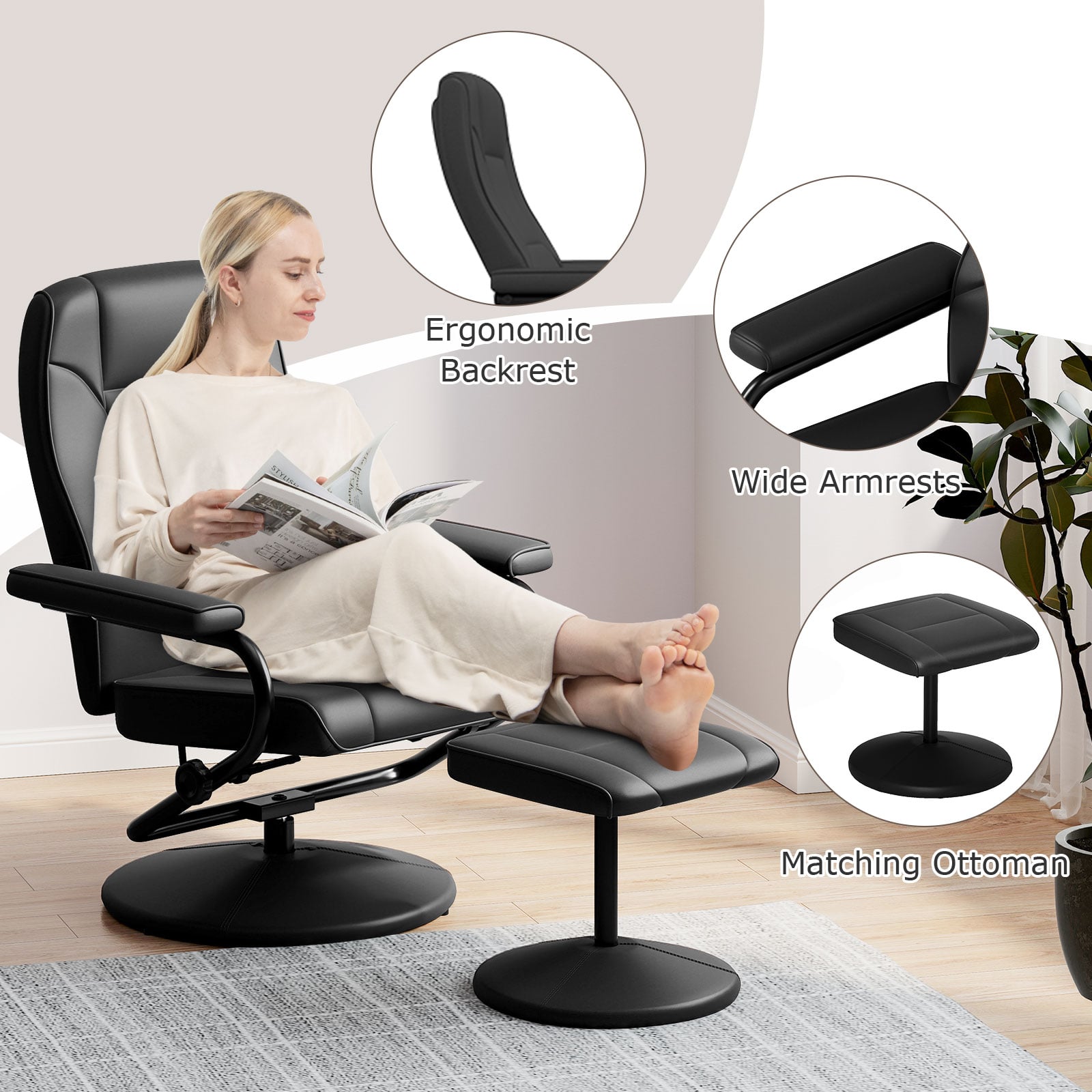 360° Swivel Reclining Chair with Ottoman and Adjustable Backrest-Black