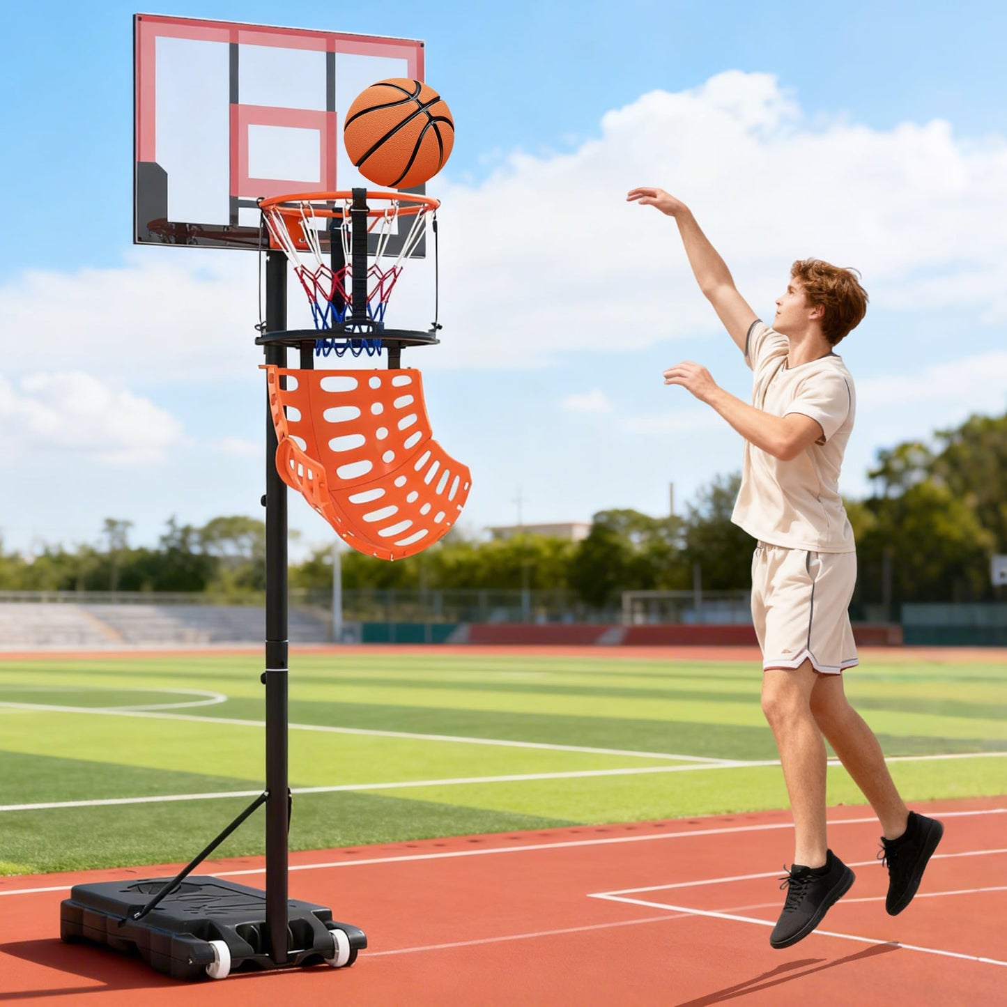 360° rotating basketball rebounder with 4 tool-free hooks