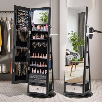 360° Swivel Lockable Jewelry Armoire Cabinet with Full-Length Mirror-Black
