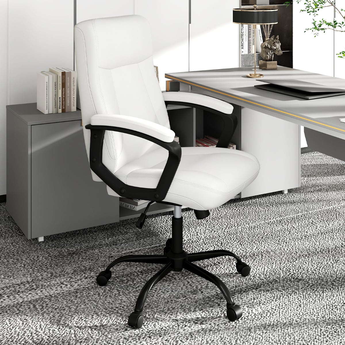 360° Swivel Task Chair with High Back and Built-in Armrests-Beige