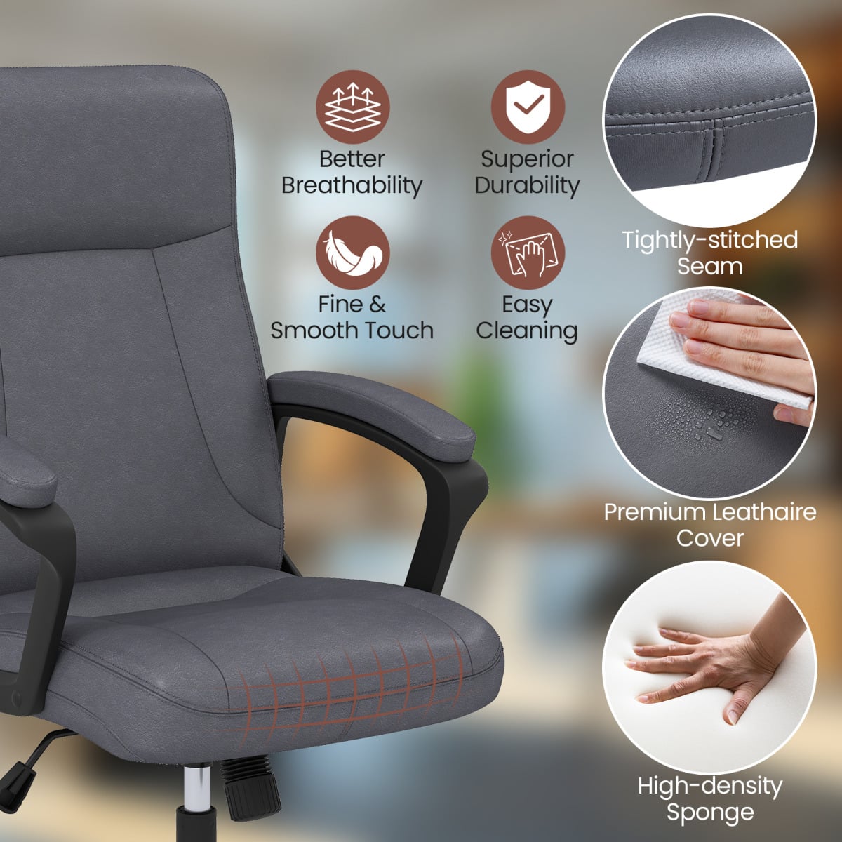 360° Swivel Task Chair with High Back and Built-in Armrests-Grey