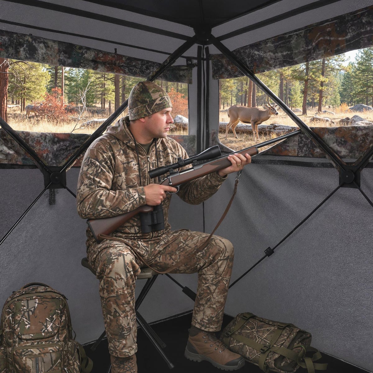 360 Degree One-way See-through Hunting Blind 4 People Ground Blind with Silent-slide Windows