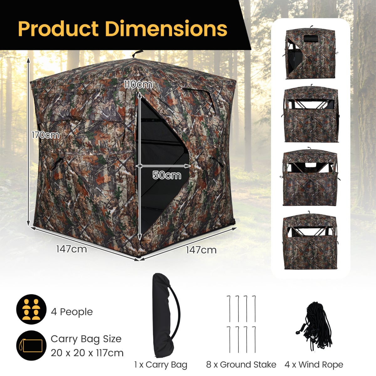 360 Degree One-way See-through Hunting Blind 4 People Ground Blind with Silent-slide Windows