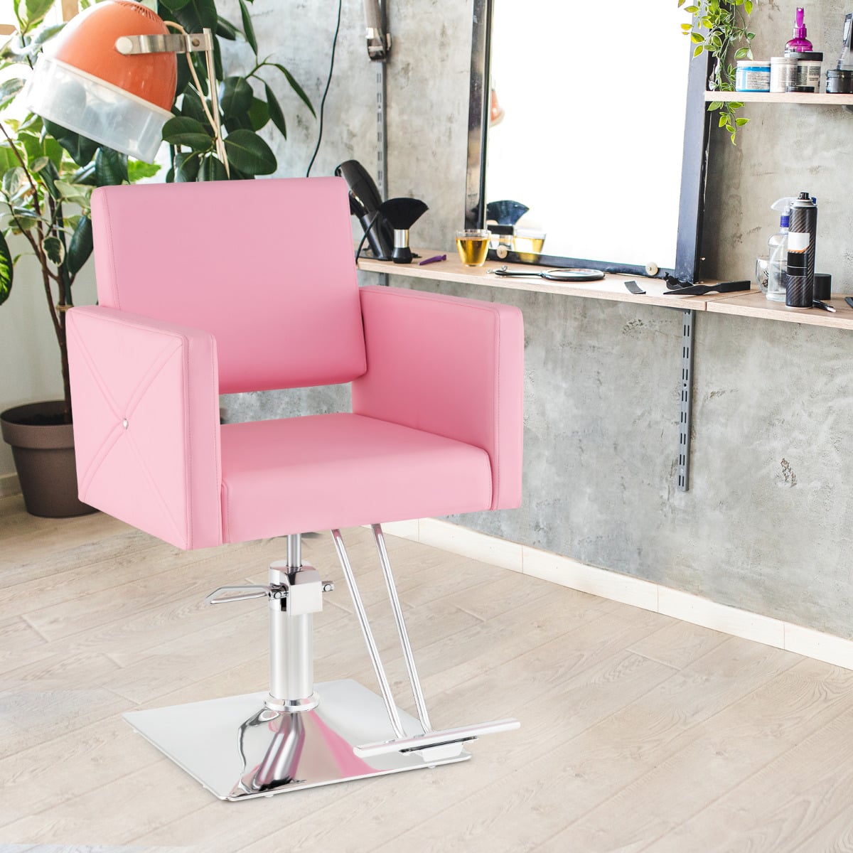 360 Degree Swivel Hairdressing Chair with Footrest and Backrest-Pink