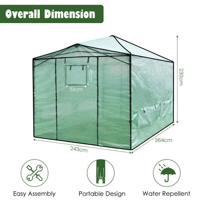 364 x 243 cm Folding Pop-up Greenhouse Walk-in with Zippered Doors-Green