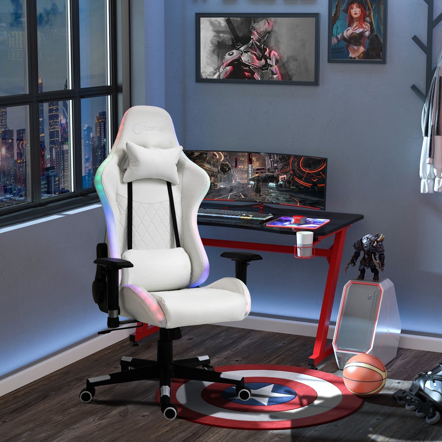 Vinsetto Gaming Chair w/ RGB LED Light, Arm, Swivel Home Office Gamer Recliner, White