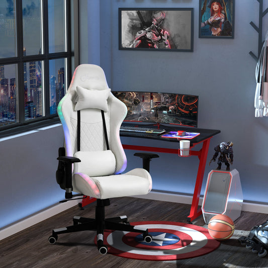 Vinsetto Gaming Chair w/ RGB LED Light, Arm, Swivel Home Office Gamer Recliner, White