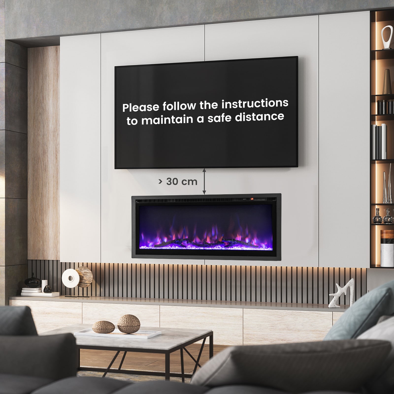 36"/91cm Linear Electric Fireplace with Log and Crystal Decor and Remote Contro-91 cm