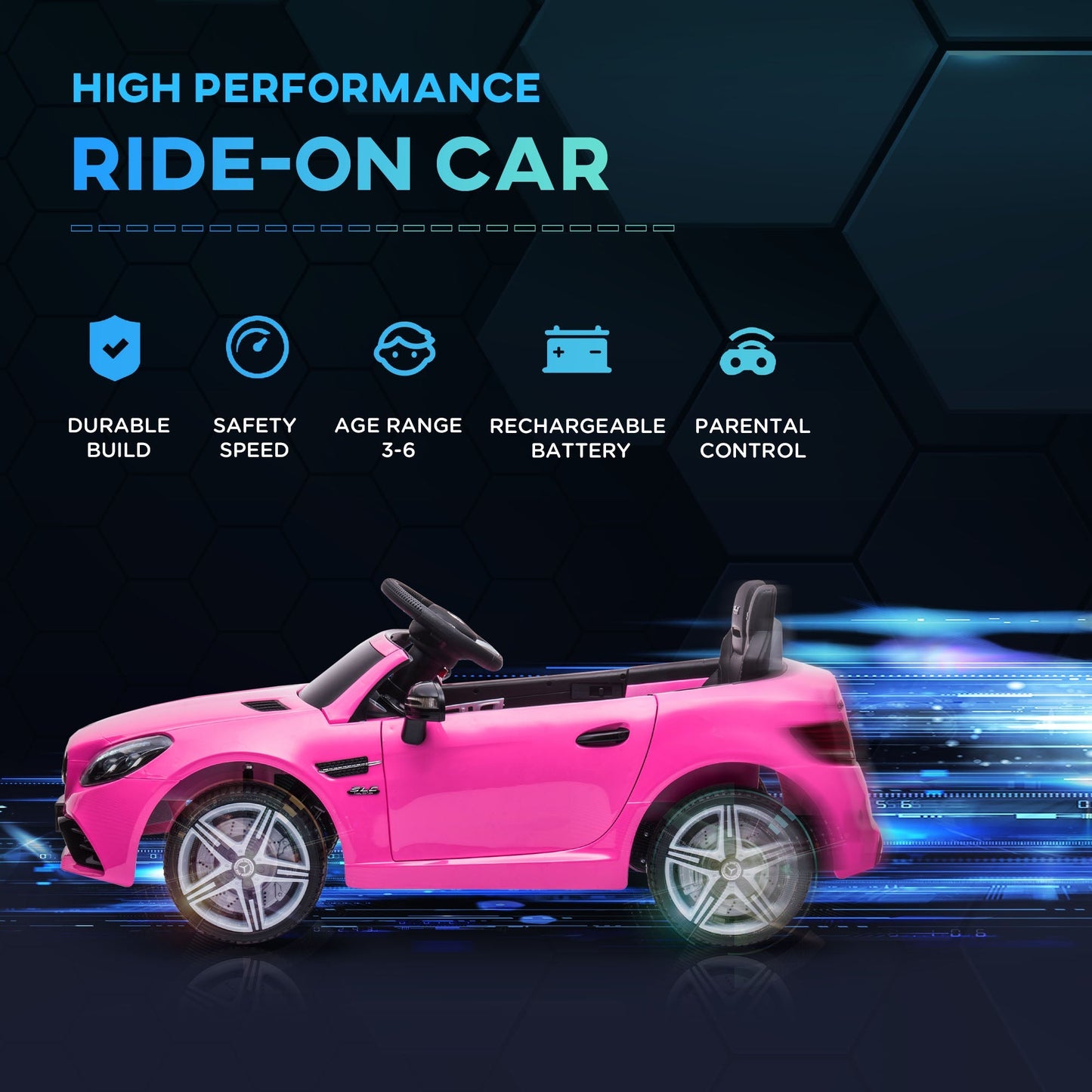 HOMCOM Benz SLC 300 Licensed 12V Kids Electric Ride On, with Music, Remote Control, LED Headlights, Horn, Pink