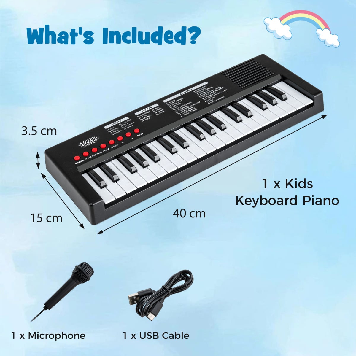 37 Keys Kids Piano Keyboard with Microphone Portable Electric Piano for Toddlers-Black