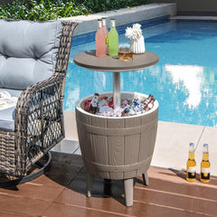Outdoor Cooler Side Table with Telescopic Tabletop for Beer & Wine-Brown
