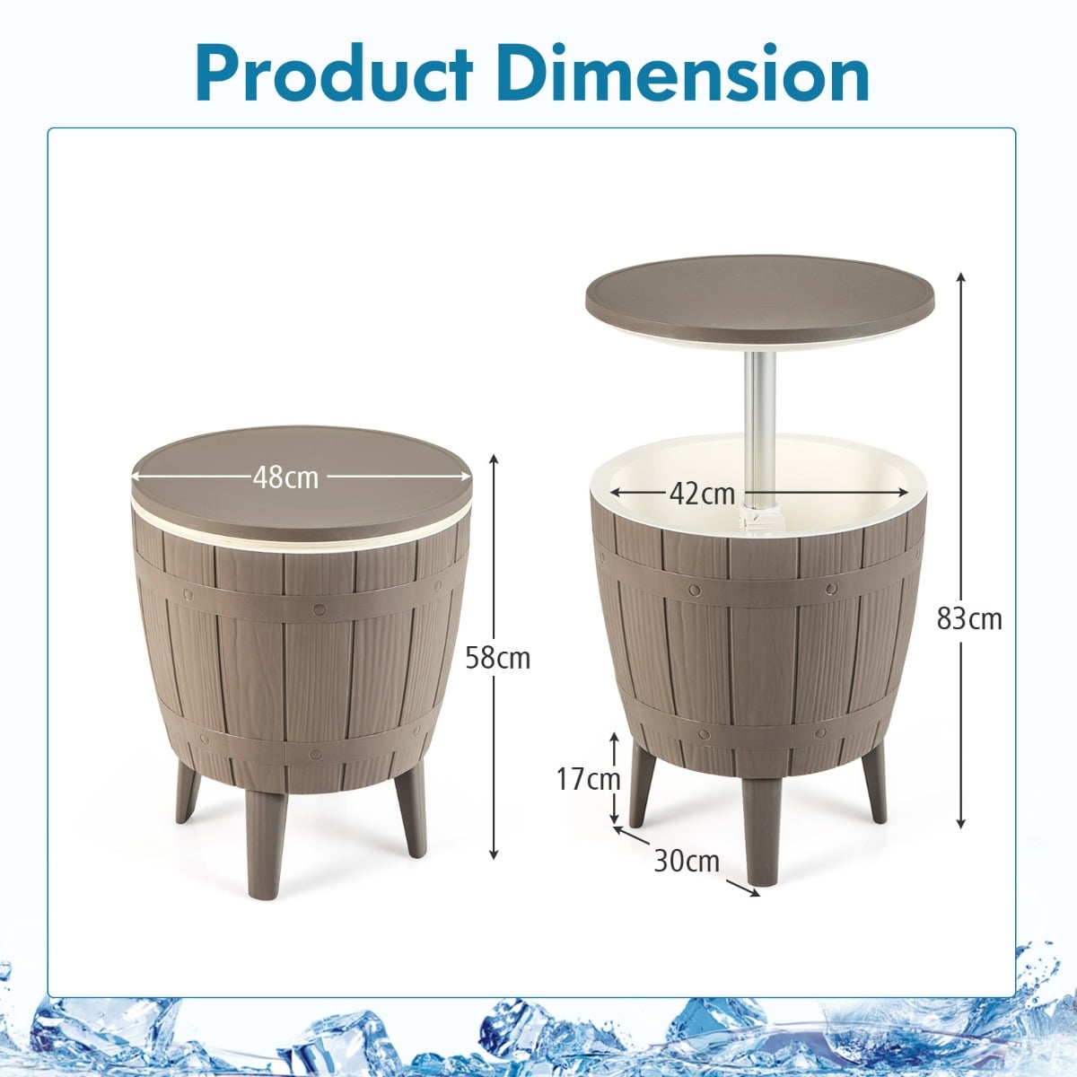 Outdoor Cooler Side Table with Telescopic Tabletop for Beer &amp; Wine-Brown