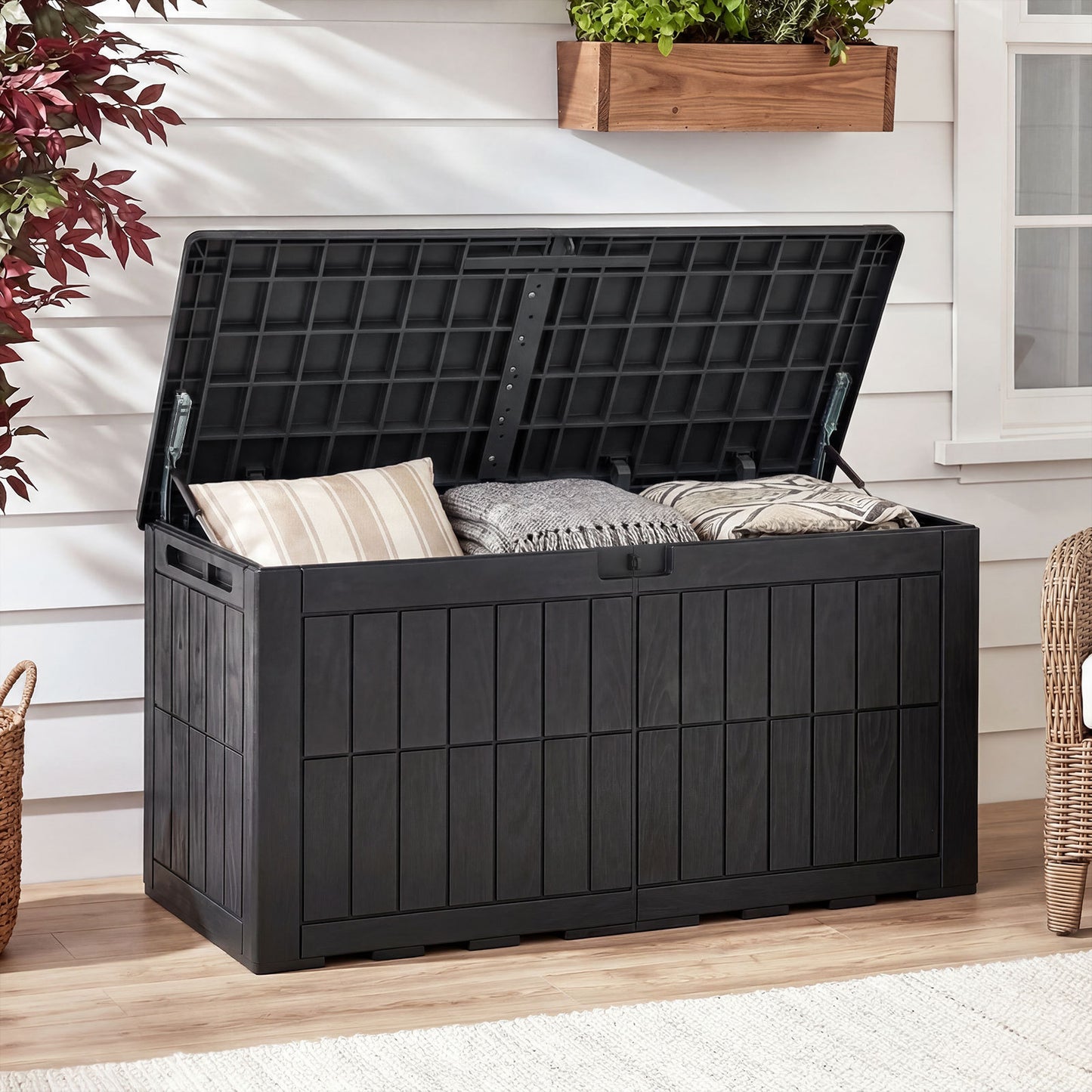 380 L Outdoor Deck Box All-Weather Lockable Storage Bin with Lid and Handles-Black