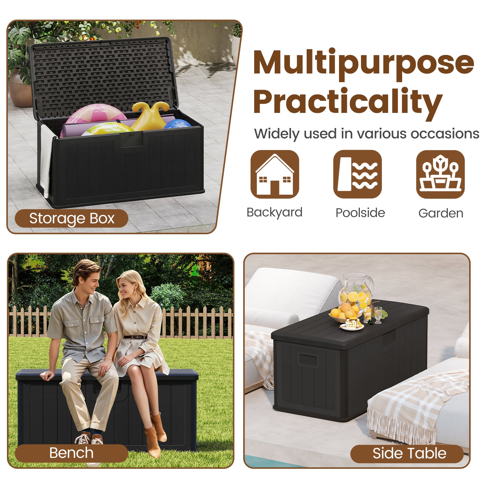 380L Large Waterproof Storage Deck Box for Garden Tools-Black