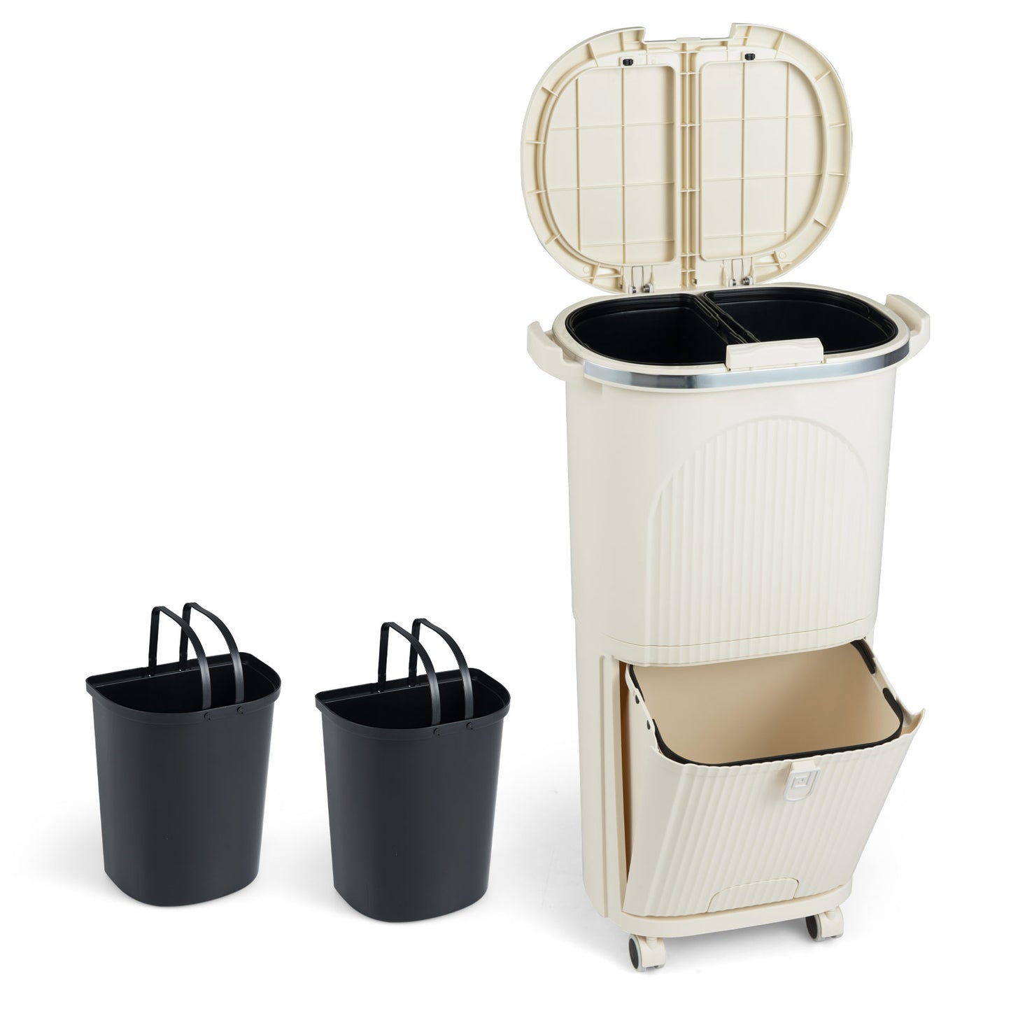 38L Kitchen Trash Can Sorting Garbage Bin with Lids 2 Detachable Buckets-Beige