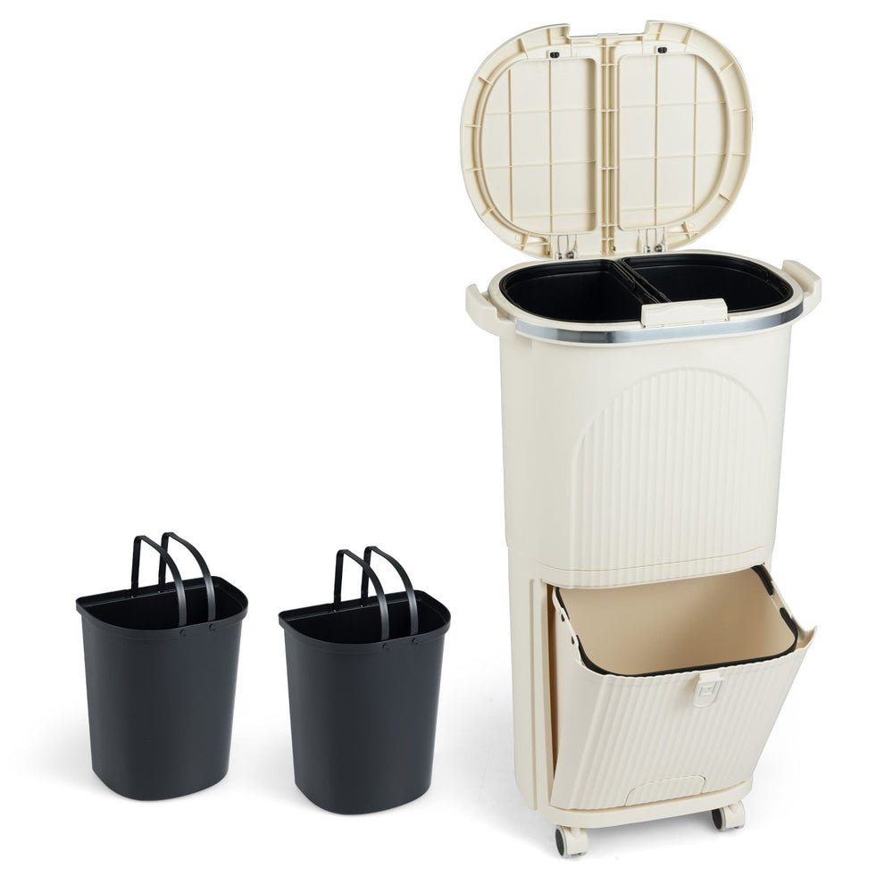 38L Kitchen Trash Can Sorting Garbage Bin with Lids 2 Detachable Buckets-Beige