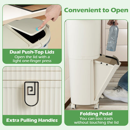 38L Kitchen Trash Can Sorting Garbage Bin with Lids 2 Detachable Buckets-Beige