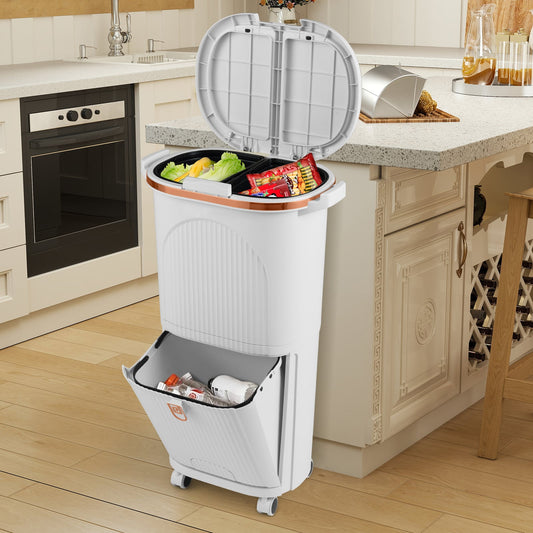 38L Kitchen Trash Can Sorting Garbage Bin with Lids 2 Detachable Buckets-White