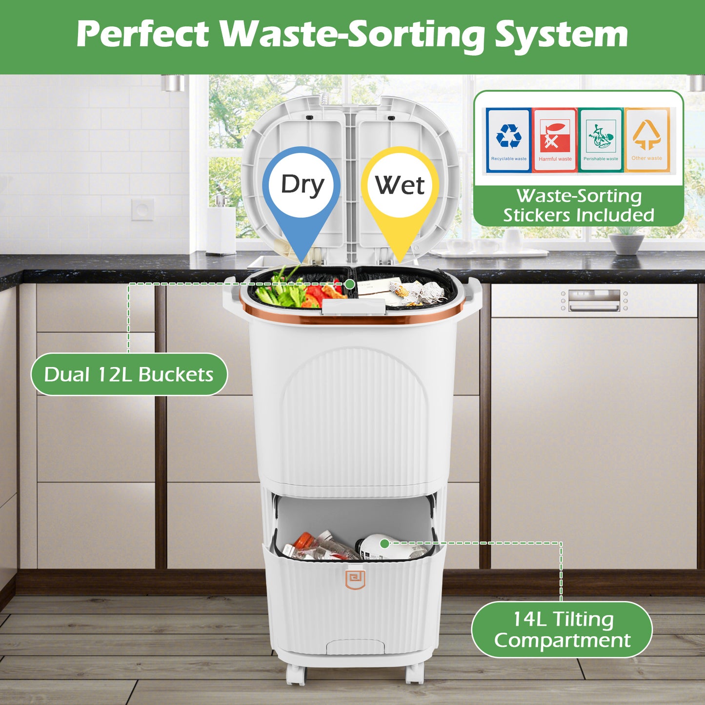 38L Kitchen Trash Can Sorting Garbage Bin with Lids 2 Detachable Buckets-White