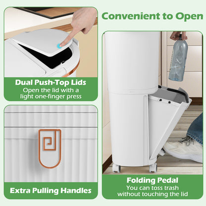 38L Kitchen Trash Can Sorting Garbage Bin with Lids 2 Detachable Buckets-White