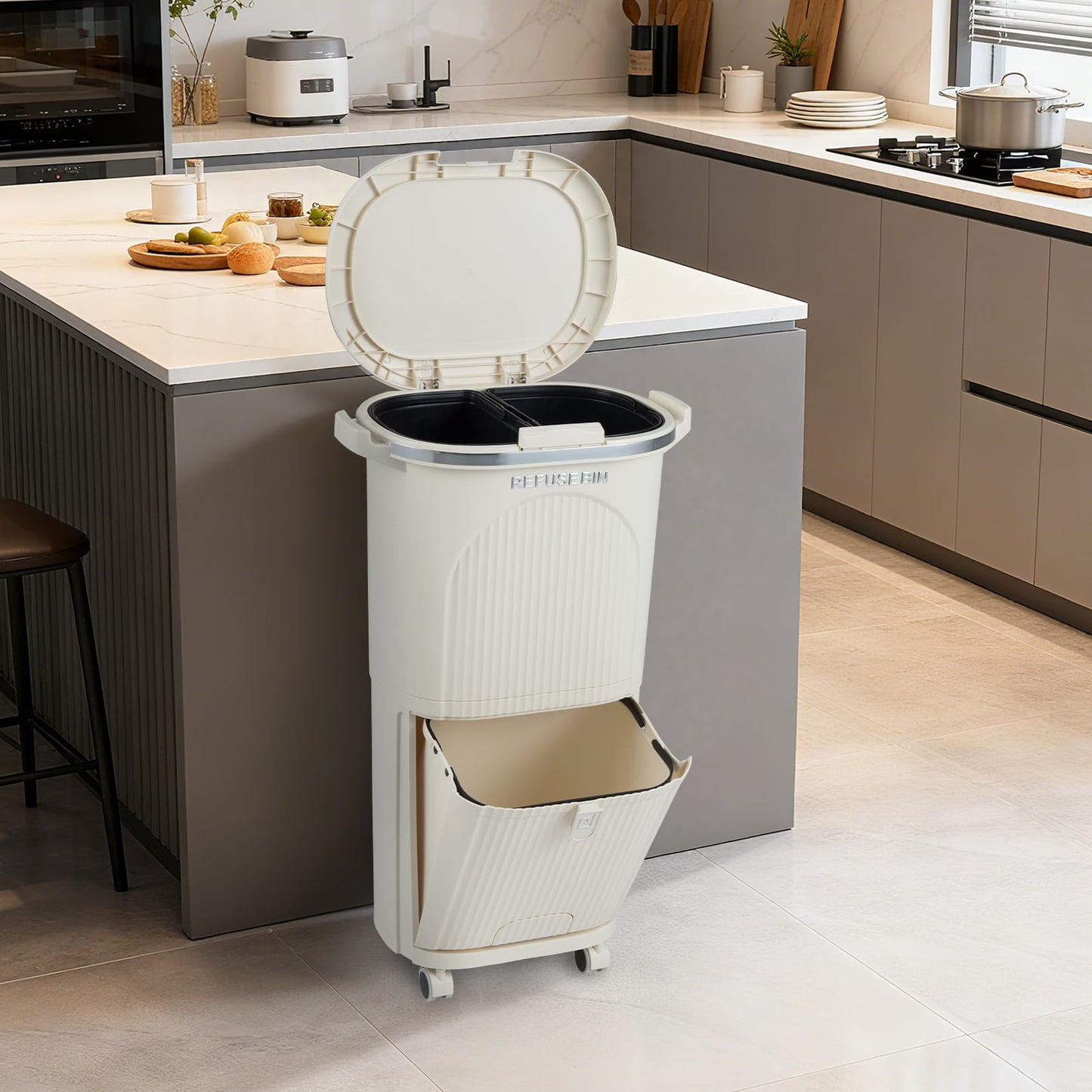 38L Kitchen Trash Can Sorting Garbage Bin with Lid 2 Detachable Buckets-Beige