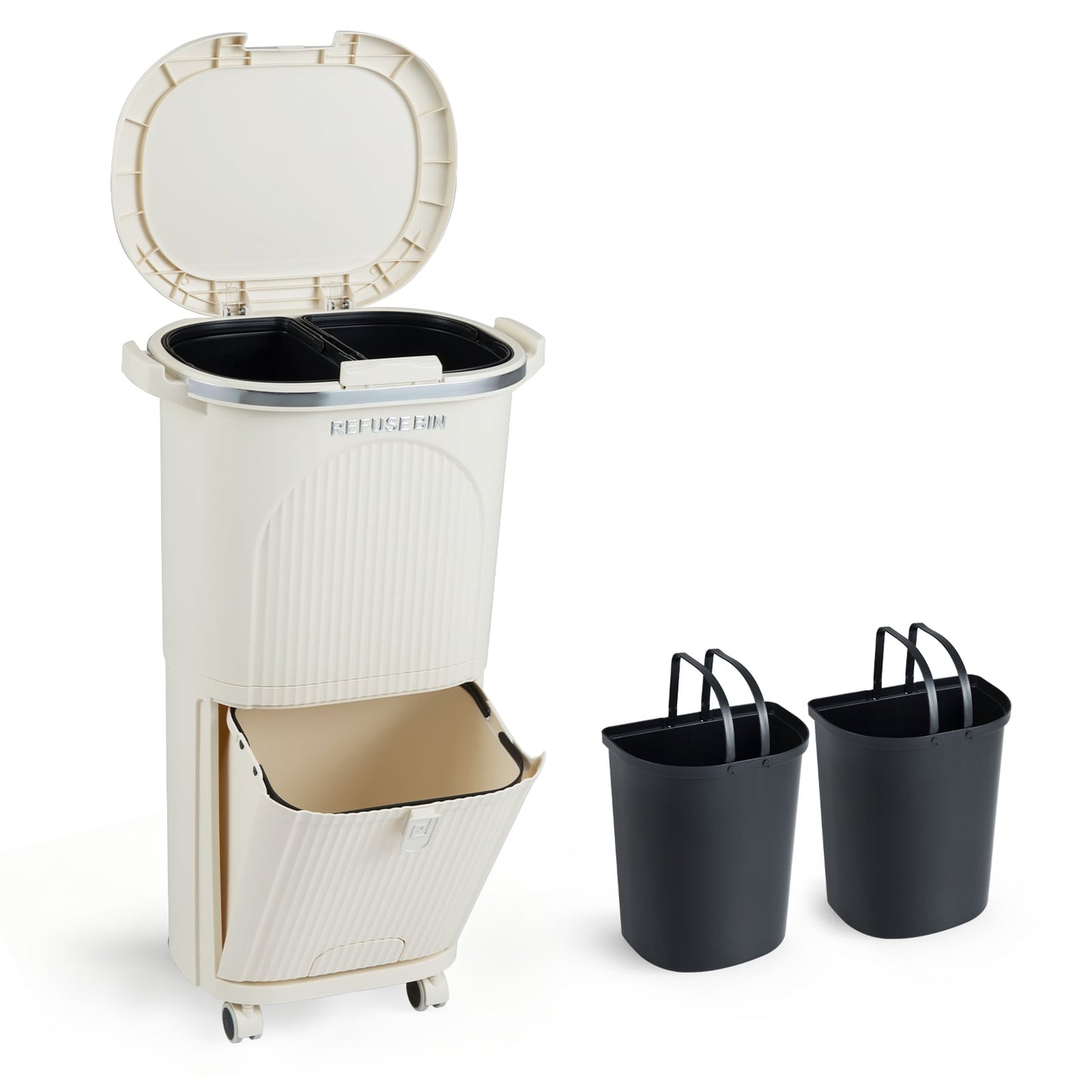 38L Kitchen Trash Can Sorting Garbage Bin with Lid 2 Detachable Buckets-Beige