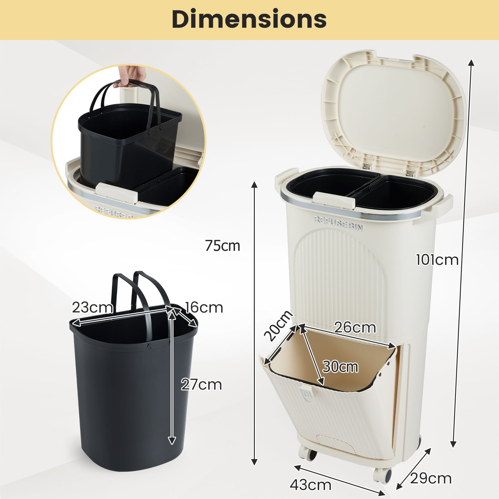 38L Kitchen Trash Can Sorting Garbage Bin with Lid 2 Detachable Buckets-Beige