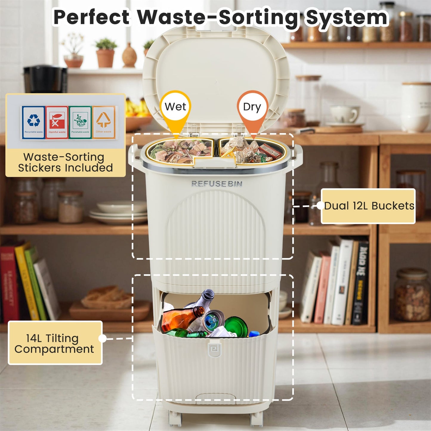 38L Kitchen Trash Can Sorting Garbage Bin with Lid 2 Detachable Buckets-Beige