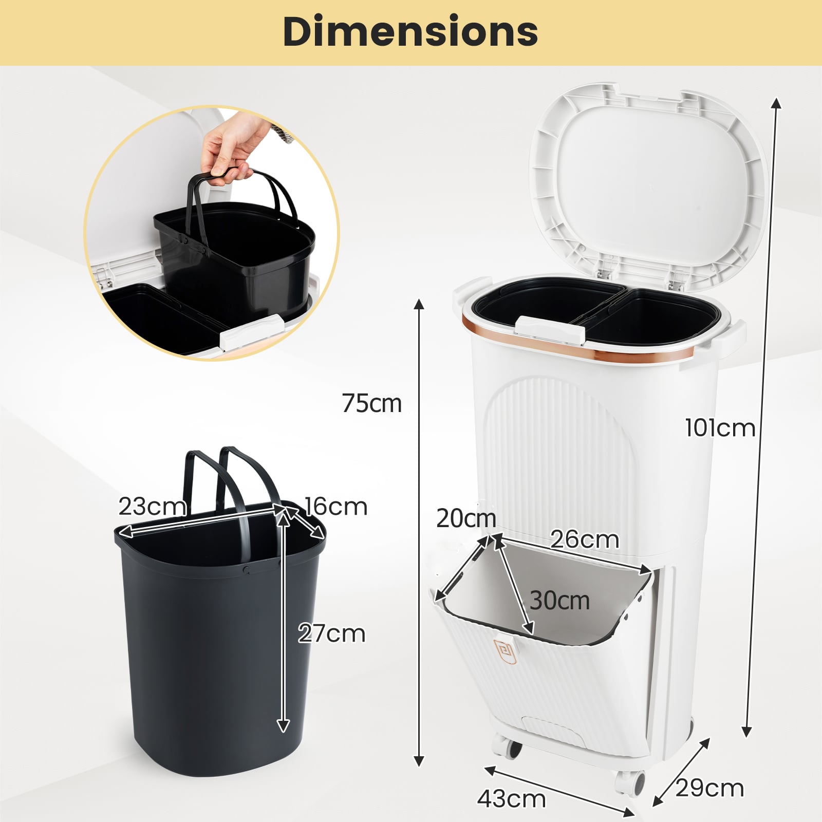 38L Kitchen Trash Can Sorting Garbage Bin with Lid 2 Detachable Buckets-White