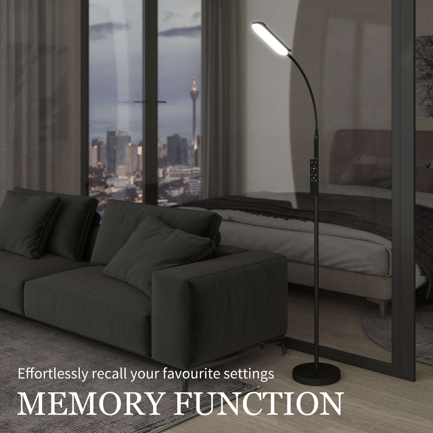 HOMCOM LED Floor Lamp, Standing Lamp with Remote & Touch Control, Stepless Dimmable Colours Temperature & Brightness, 360Â° Adjustable Gooseneck, 1 Hour Timer, Memory Function for Living Room, Black