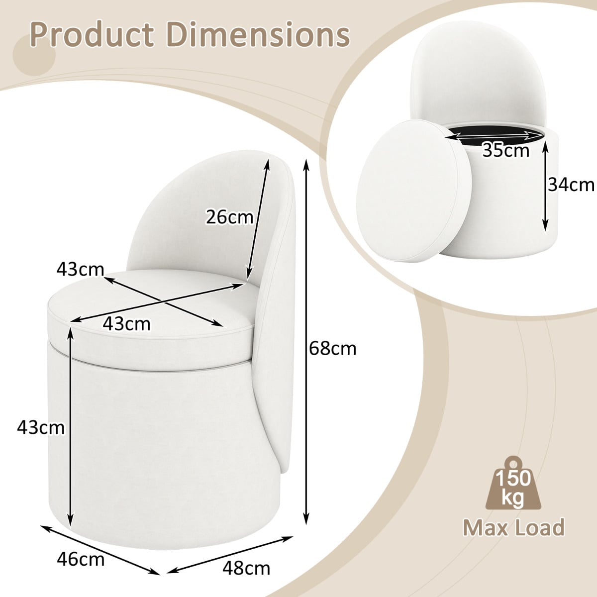 38 L Storage Ottoman Faux Velvet Vanity Stool with Backrest-White