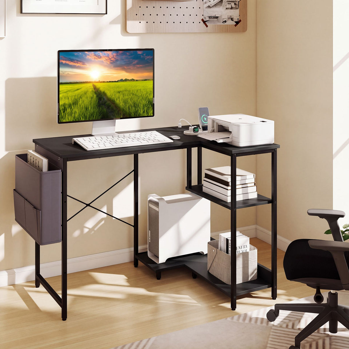 39.5" L-Shaped Computer Desk with Integrated Charging Hub-Black