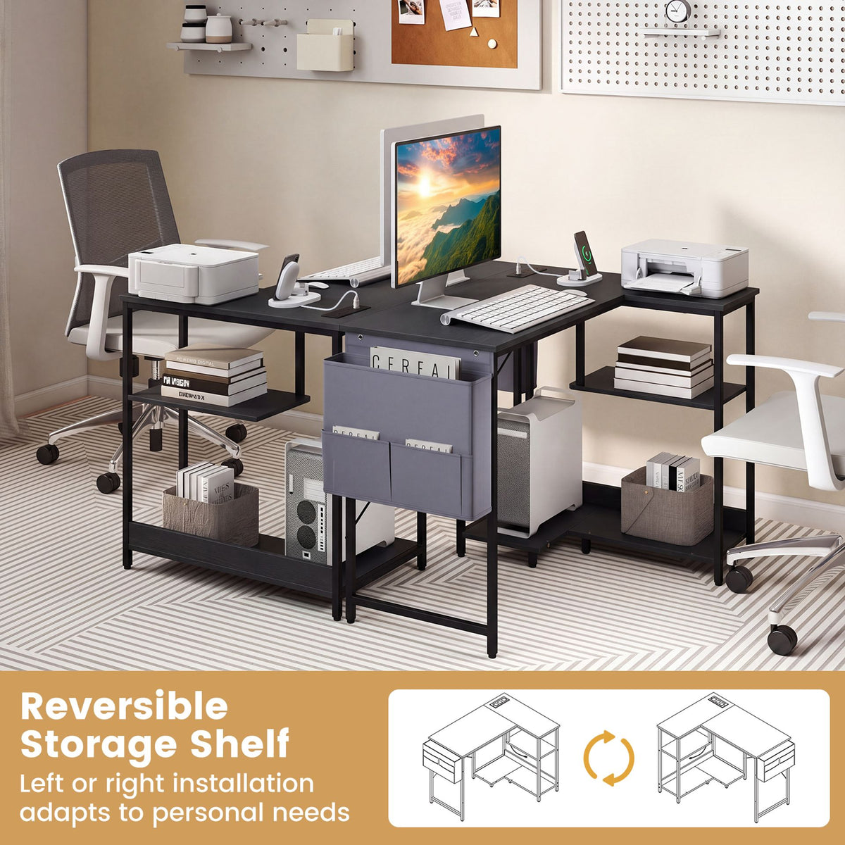 39.5" L-Shaped Computer Desk with Integrated Charging Hub-Black