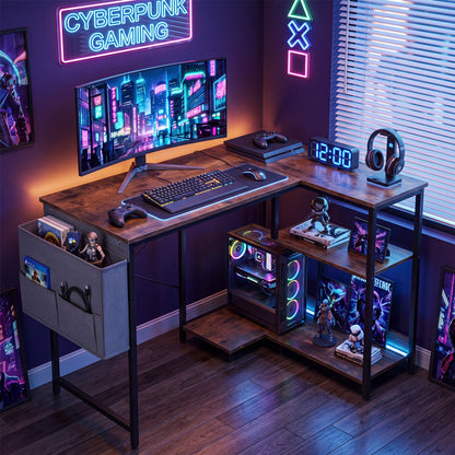 39.5" L-Shaped Computer Desk with Integrated Charging Hub-Rustic Brown
