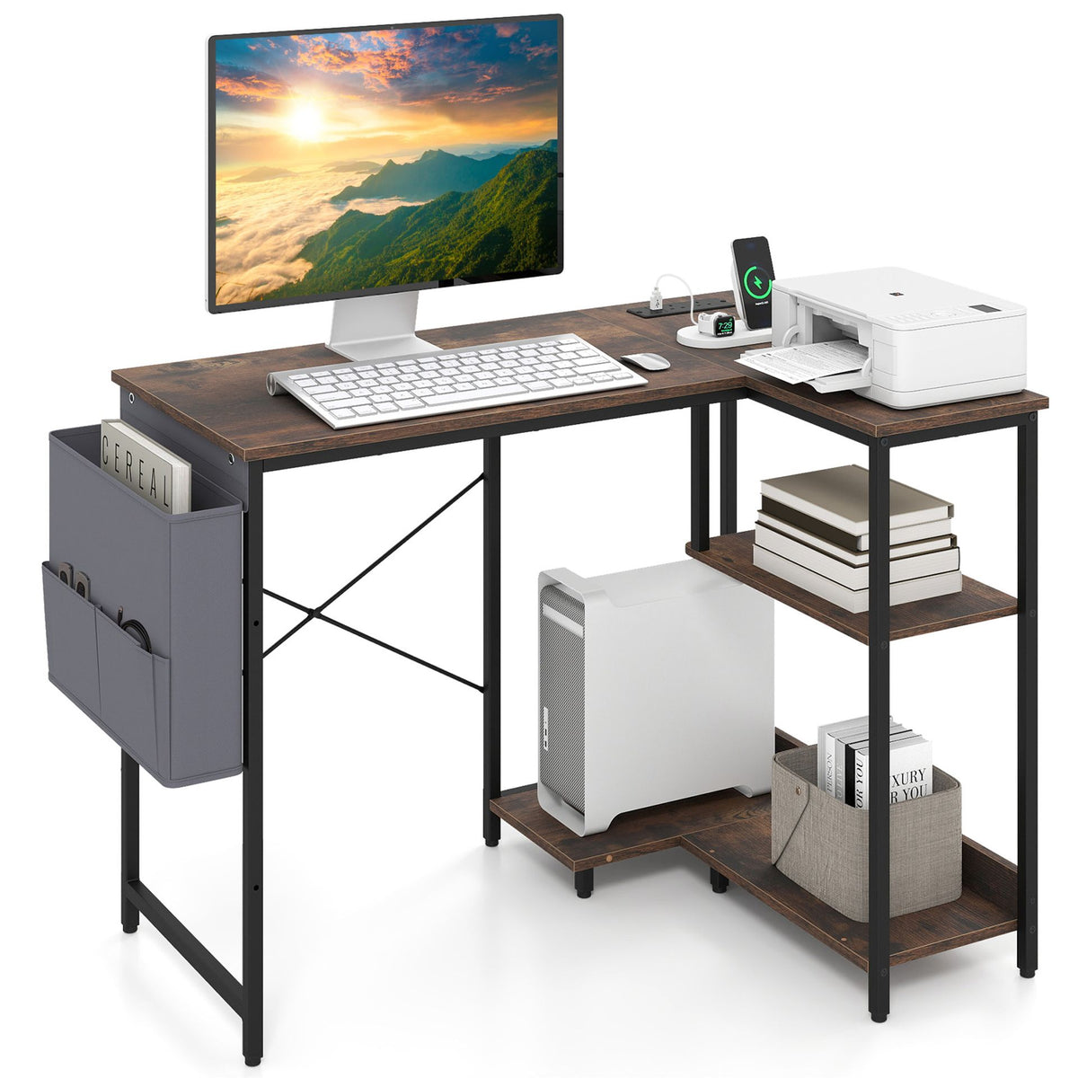 39.5" L-Shaped Computer Desk with Integrated Charging Hub-Rustic Brown
