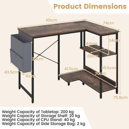 39.5" L-Shaped Computer Desk with Integrated Charging Hub-Rustic Brown