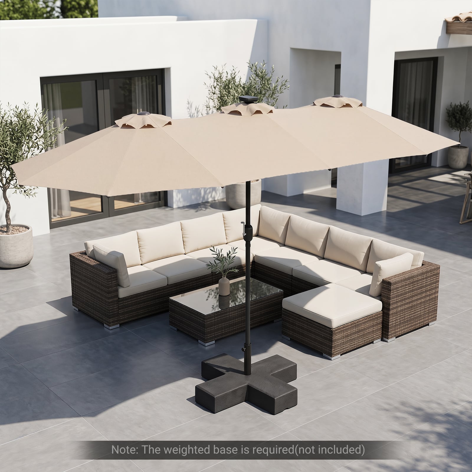 390cm Double-Sided Patio Umbrella Large Rectangle Market Umbrella with 36 LED Lights-Beige