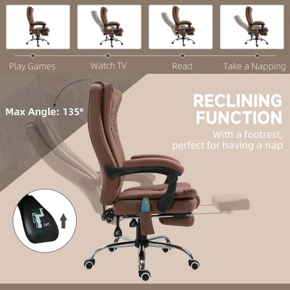 Vinsetto Reclining Office Chair with Massage and Heat, Microfibre Computer Desk Chair with Footrest for Home with Adjustable Height, Padded Arm, Swivel Wheels, Brown