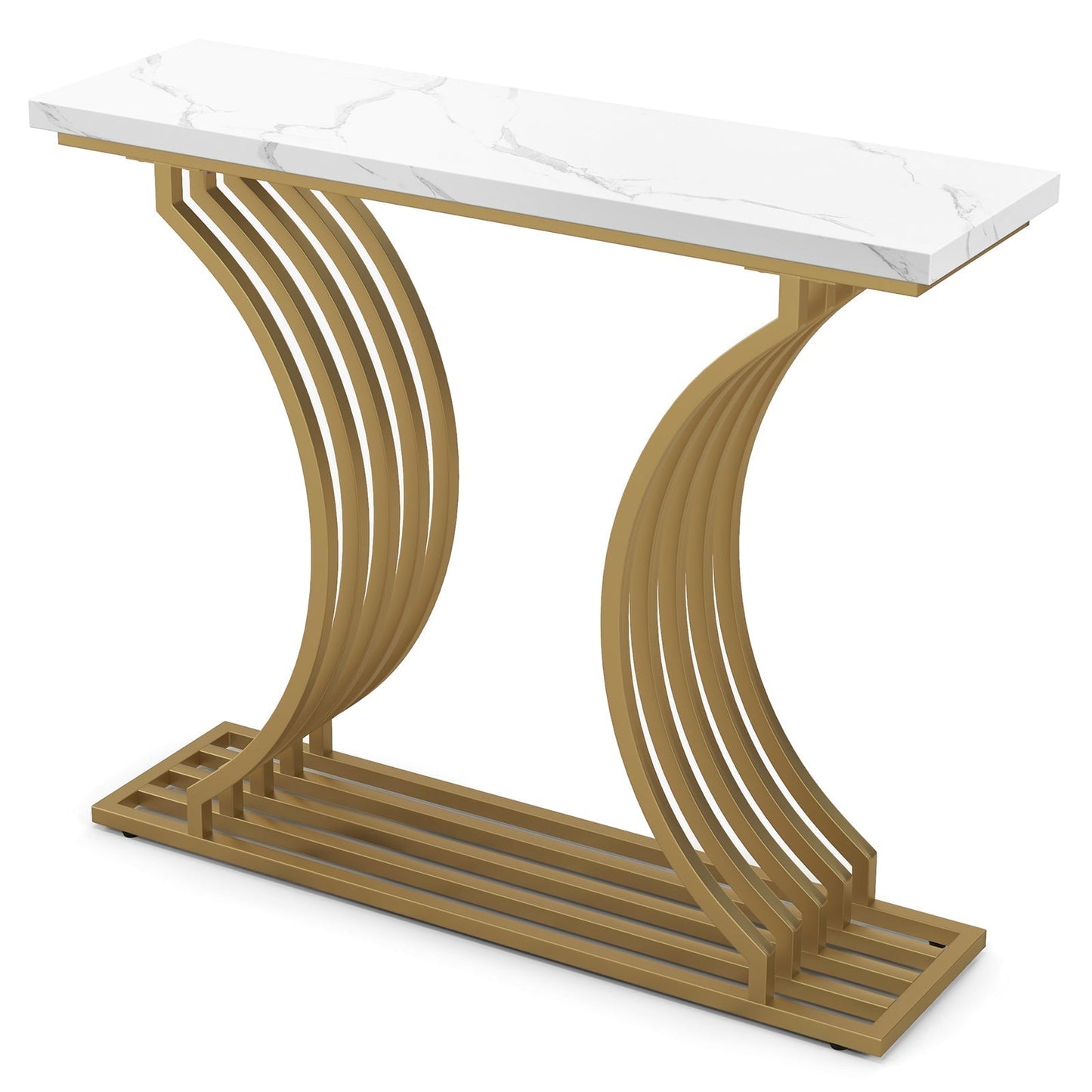 Gold Entryway Table with White Faux Marble Tabletop-White