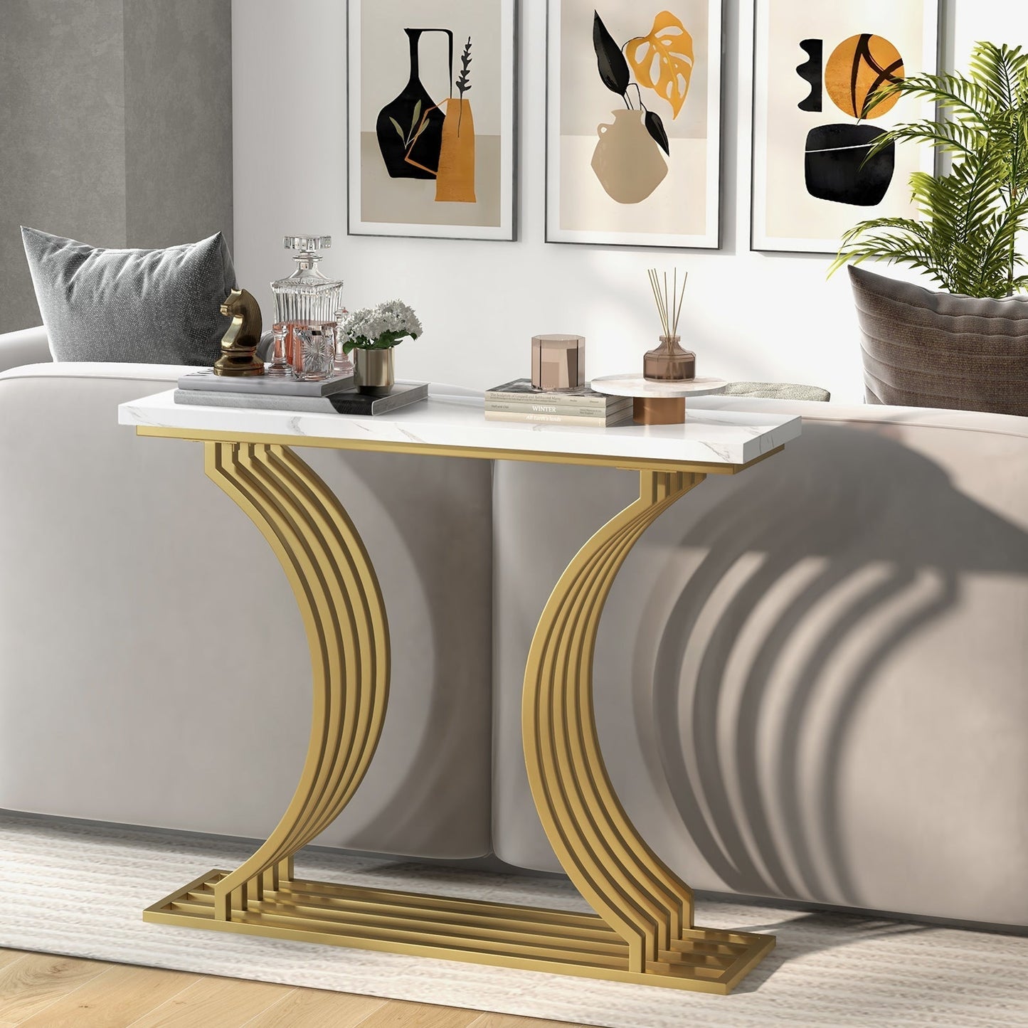 Gold Entryway Table with White Faux Marble Tabletop-White
