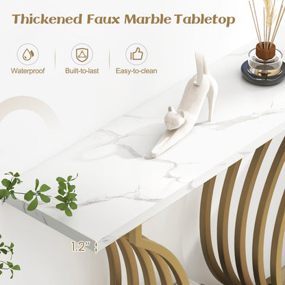Gold Entryway Table with White Faux Marble Tabletop-White