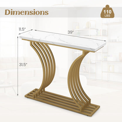 Gold Entryway Table with White Faux Marble Tabletop-White