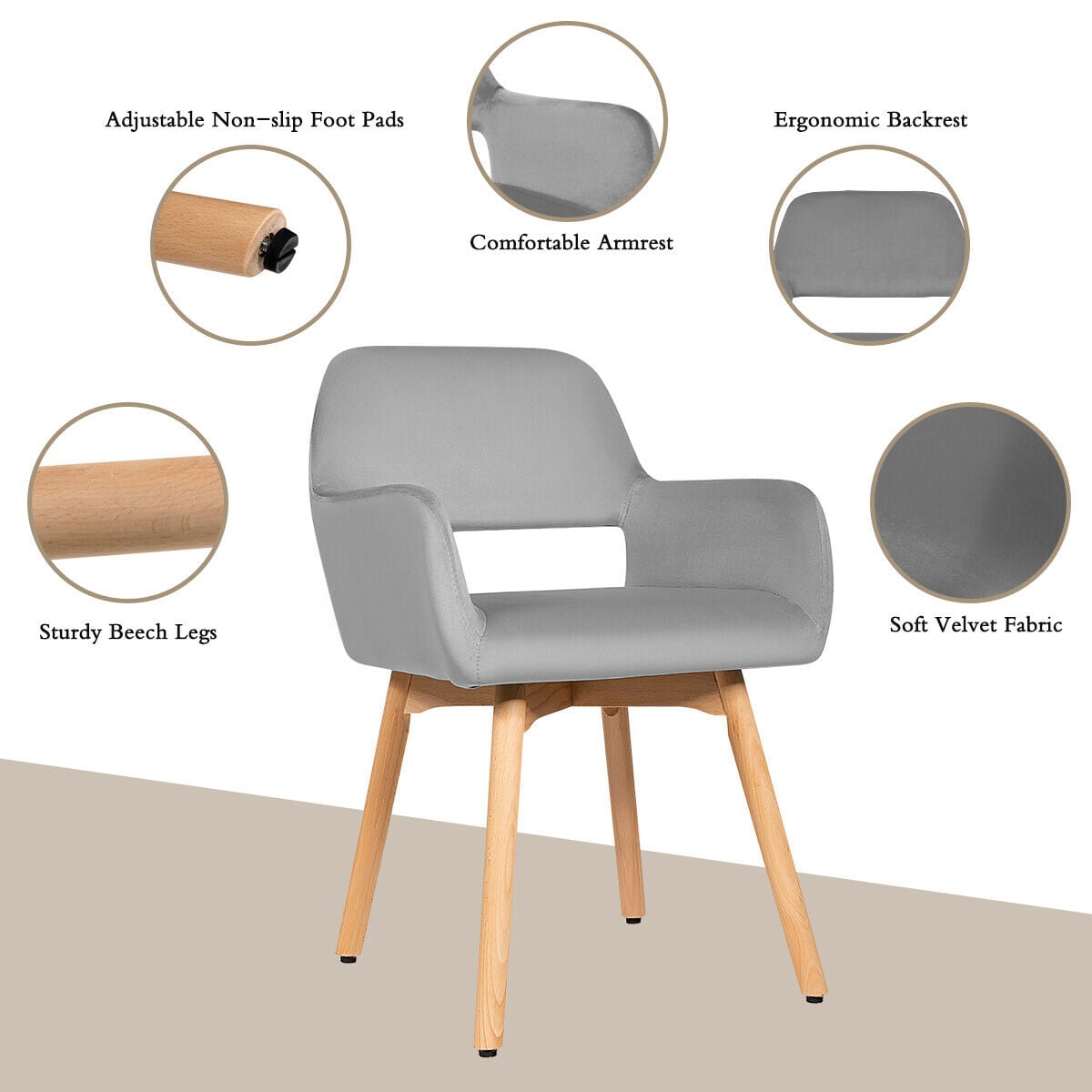 2 Pieces Retro Styled Velvet Chairs-Grey