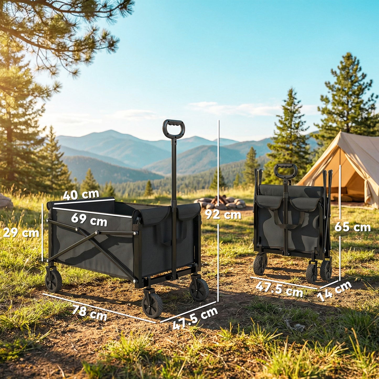 Outsunny 81L Festival Trolley on Wheels, Compact Garden Folding Trolley Cart with Adjustable Handle 80L Black