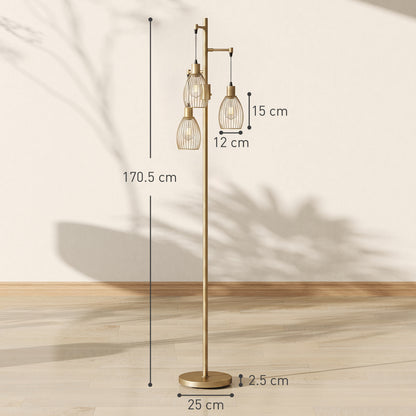 HOMCOM 170.5cm Industrial Dimmable Standing Lamp, 3-Light Floor Lamp with Steel Wire Cage Lampshades, Gold Tone