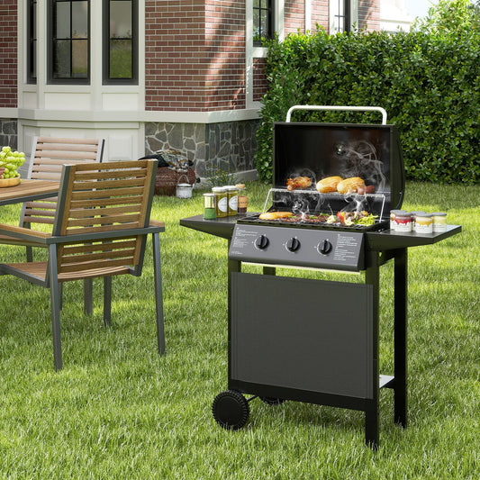 3-Burner Propane Gas Grill 24,000 BTU Portable with Lid and Side Tables