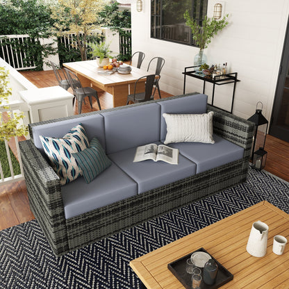 Outsunny 3 Seater All Weather Outdoor Sofa, Garden Rattan Sofa with Cushions and Mental Frame, Grey