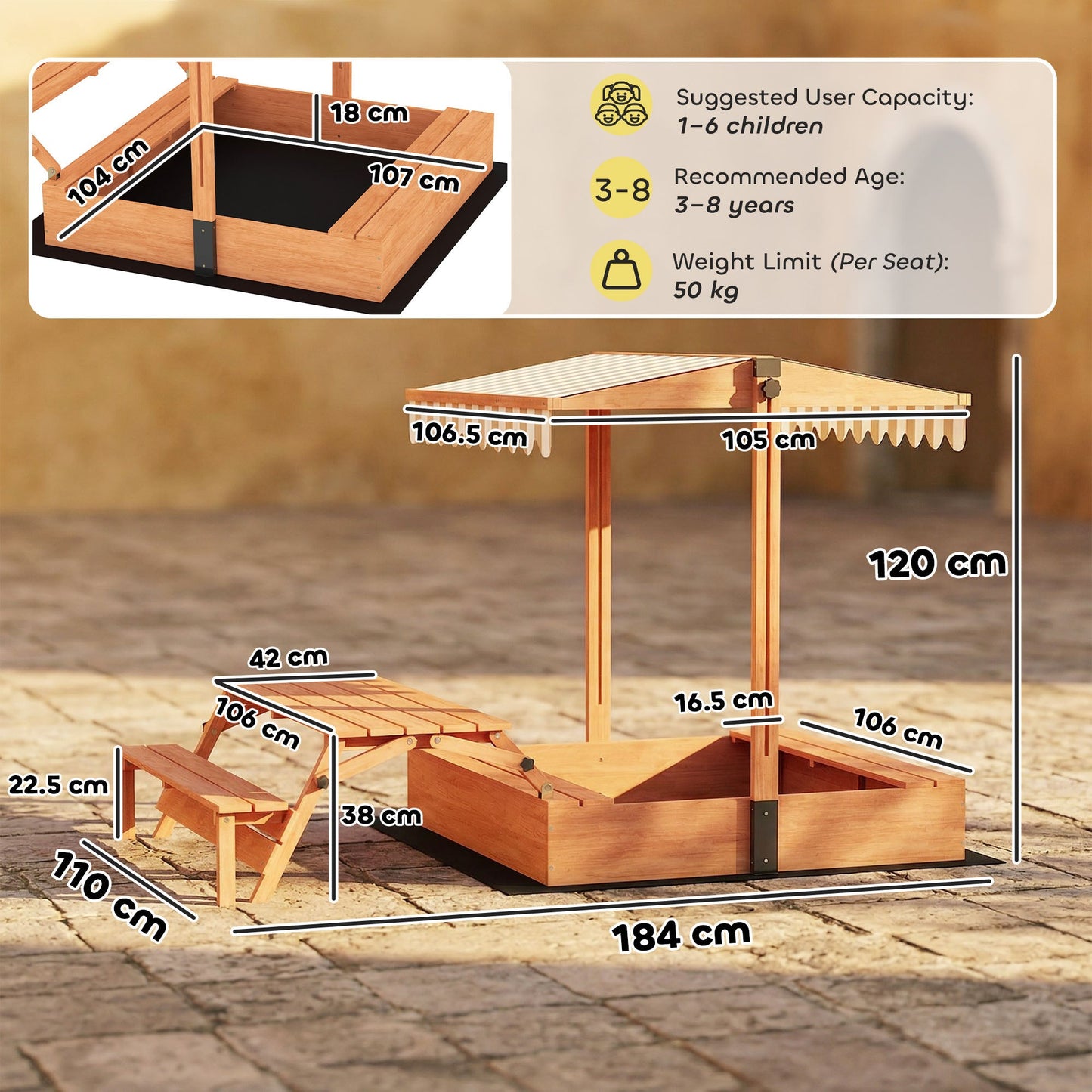 AIYAPLAY Kids Sand Pit with Lid, Wooden Sandpit with Canopy, Foldable Picnic Table, Bench Seats, Bottom Liner for Patio Garden